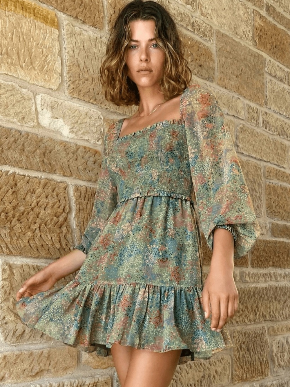 Wilfred Tempest Mini Dress Sage Green Floral Smocked Bodice Medium Ditsy Garden